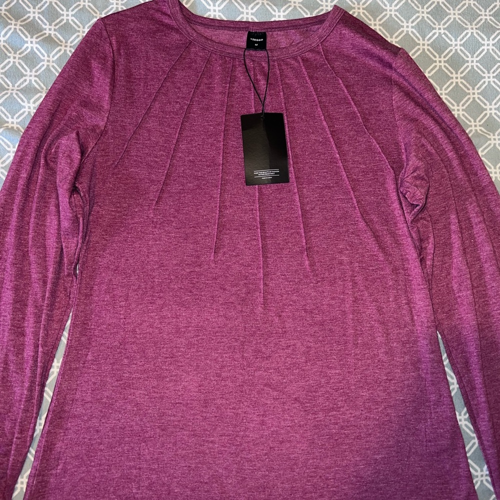 Womens Long Sleeve Shirts Pleated Fashion Crew Neck Casual Top